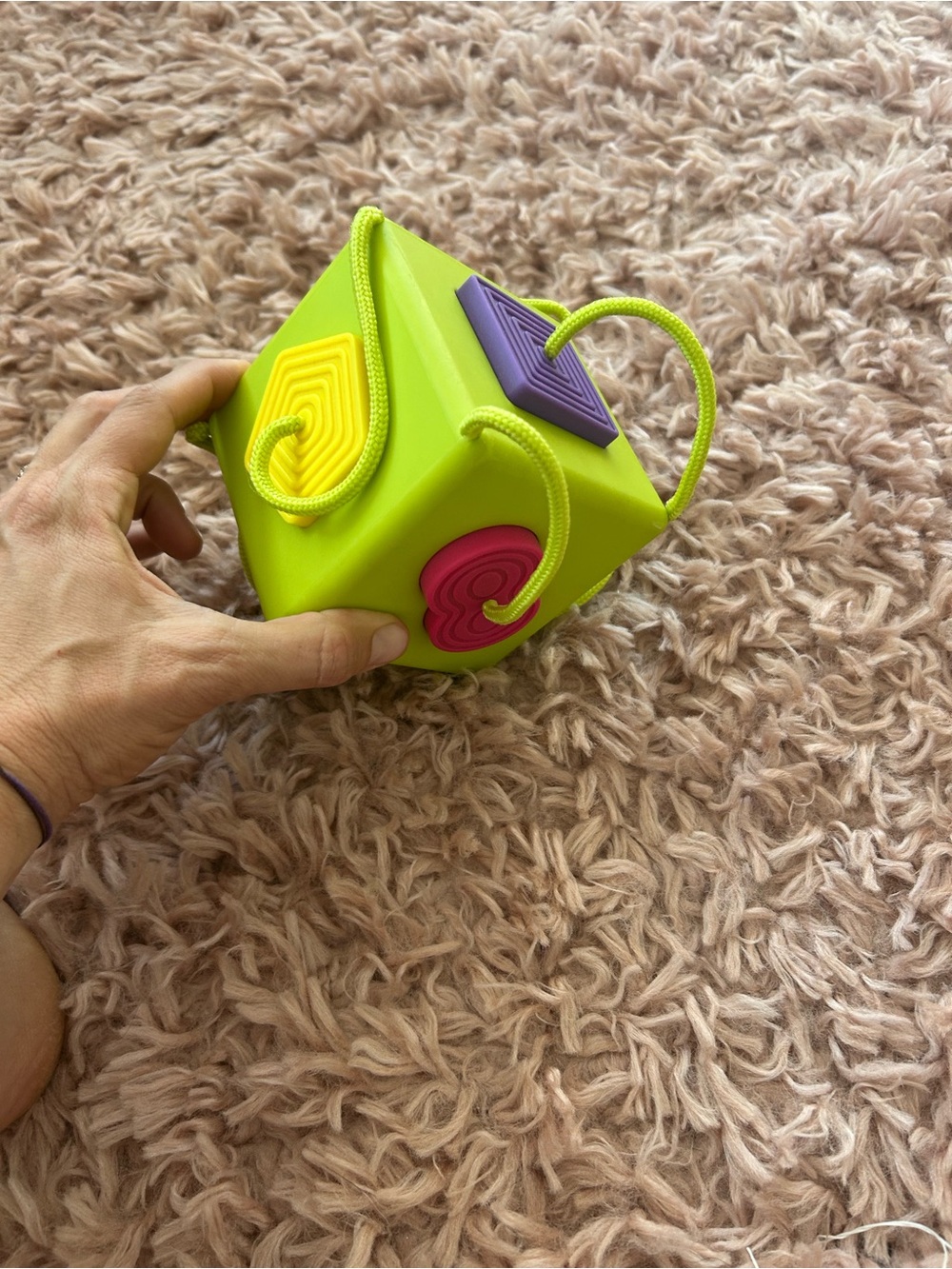 Bright Lime Green Shape Activity Cube with Yellow, Pink & Purple Panels